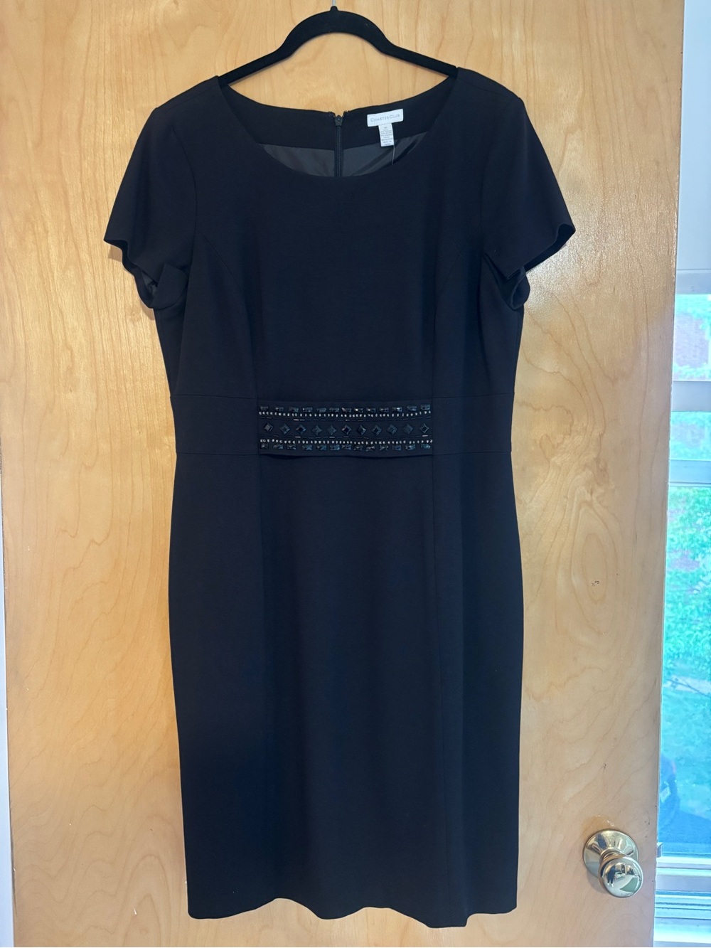 Charter Club Black Short-Sleeve Sheath Dress with Waist Bead Detail